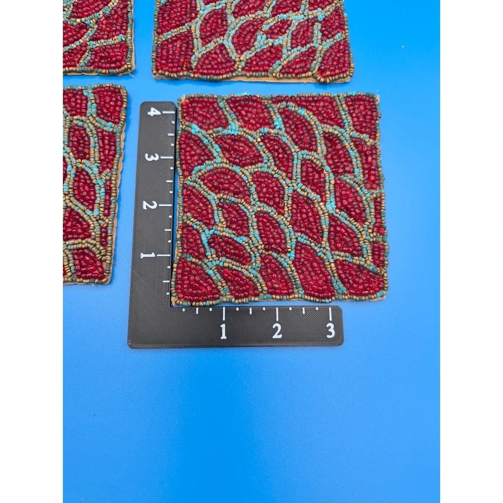 Vintage Beaded Coasters Set of 6 Red Turquoise Square Boho Table Decor
